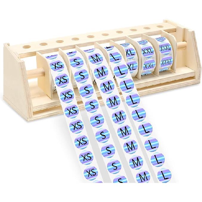 3500 Pcs Clothing Size Stickers Labels with Wooden Size Stickers Labels Holder Labels Organizer Round Self Adhesive Size Stickers for Clothing T Holographic Rainbow Color