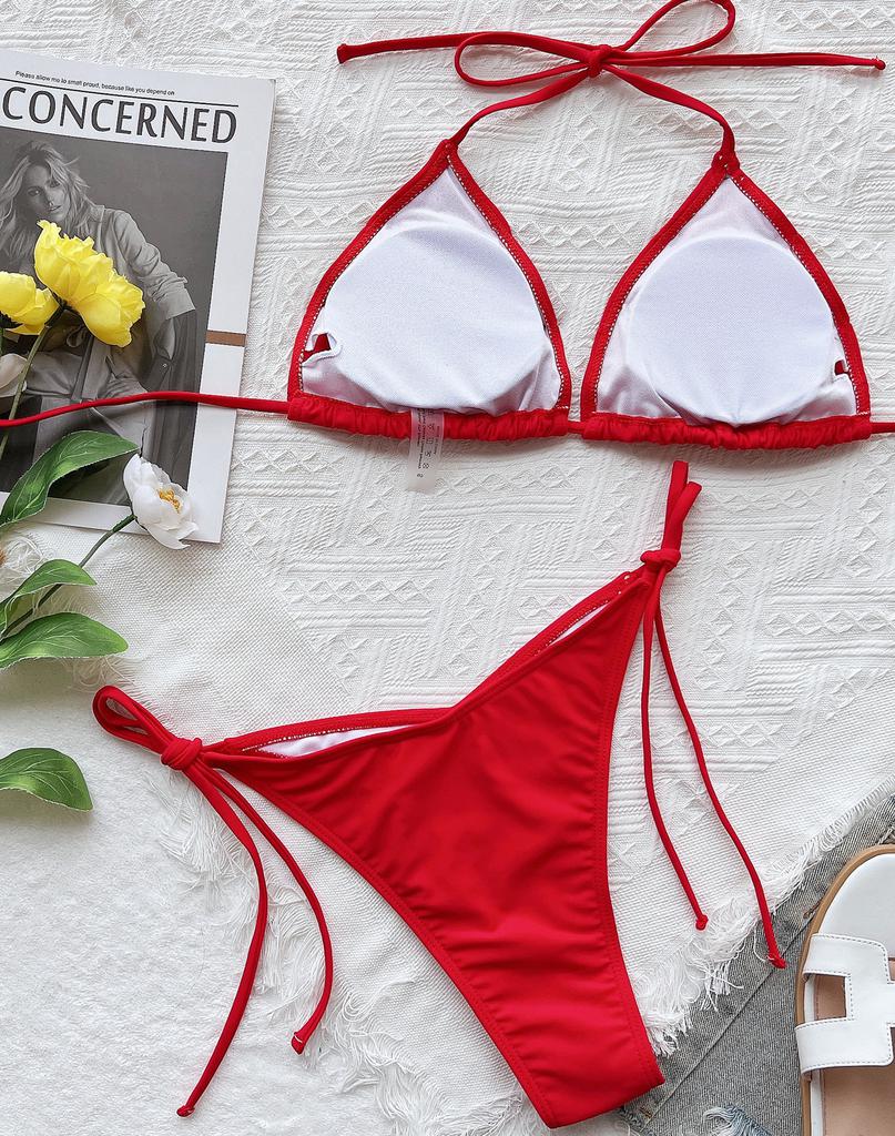 Dambaddräkt Enfärgad Sexig Grimma Triangel Rygg Tie Bikini Set 5 Färg
