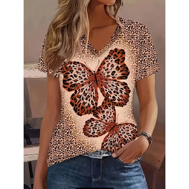 Summer Women Elegant V-Neck Short-Sleeved Maple Leaf Print Short Sleeve V-Neck T Shirt for Women Fashiont-Shirt