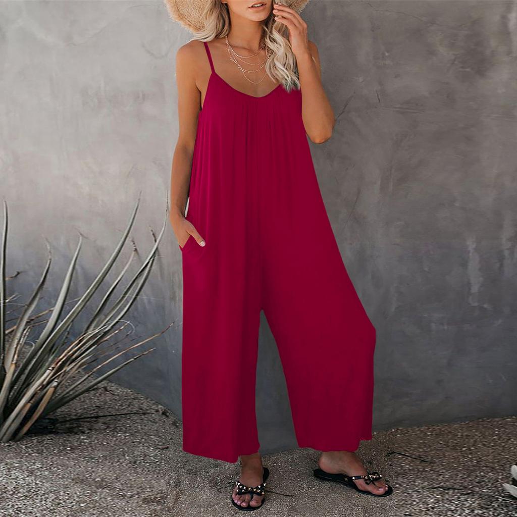 Women's Color Overalls Sleeveless Vest Pocket Casual Jumpsuit