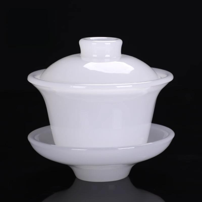 Light Luxury Glazed Three Talents Cover Bowl White Jade Household Kung Fu Tea Set Office Meeting Guest Gift Jade Porcelain