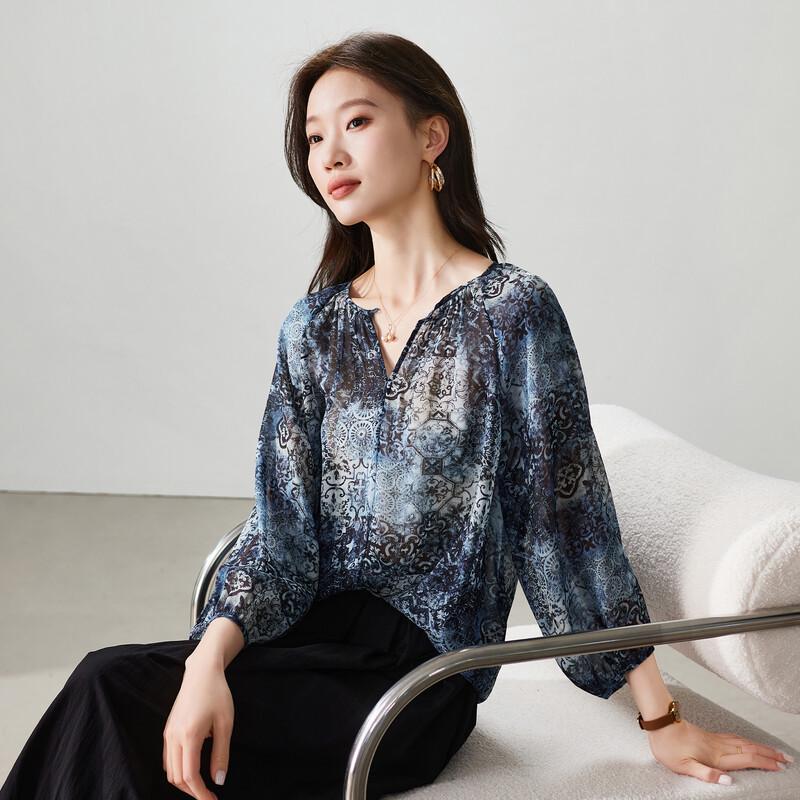 SOFSIL 2026 Spring Blue Floral Silk Blouse S