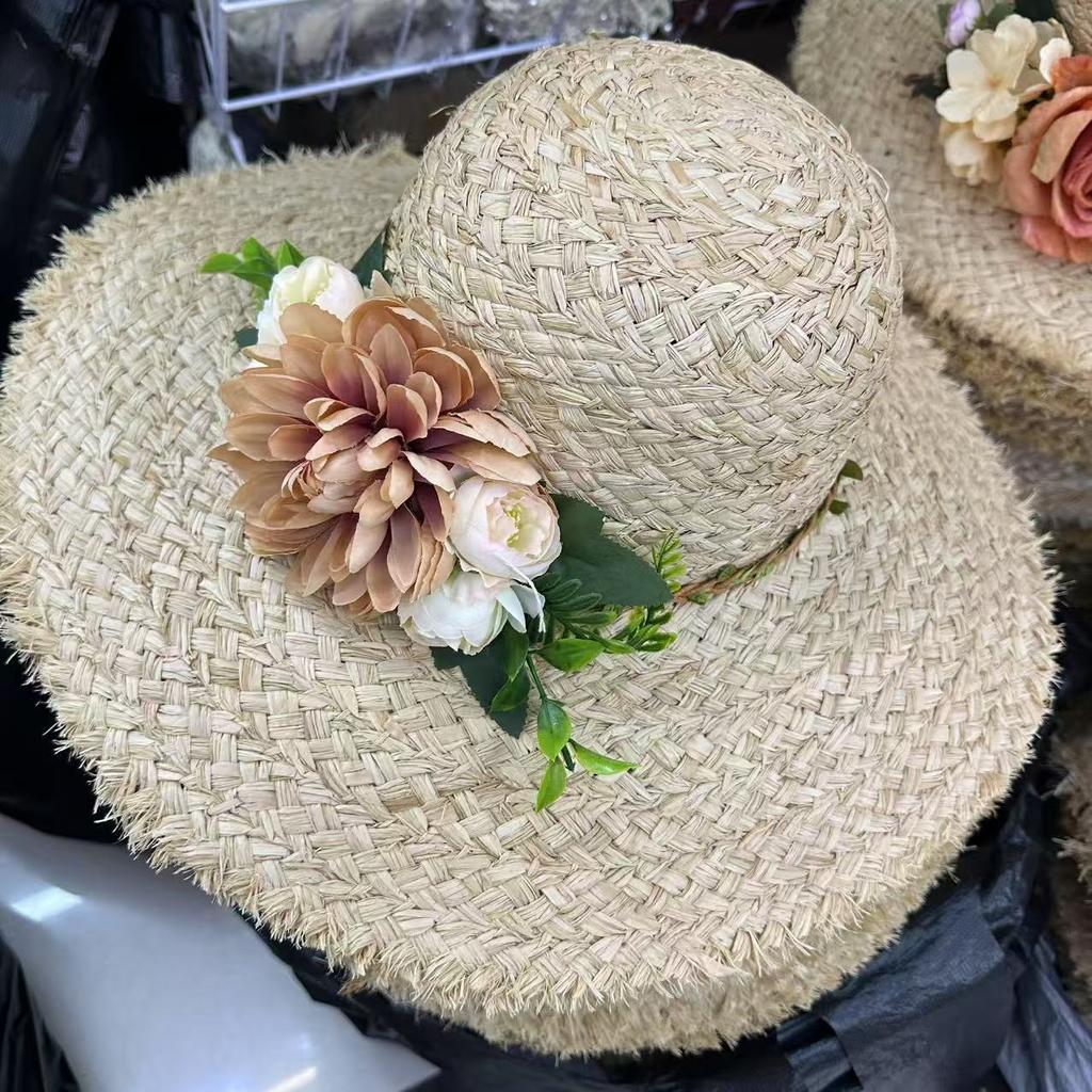 Flower woven Lafite straw hat women's summer French large brim travel sunshade sunscreen hat seaside vacation sun hat