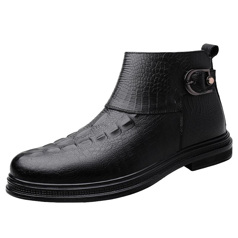 Fashion Luxury Brand Genuine Leather Business Boots Fashionable Crocodile Patterned Men's High Top Boots Comfort Winter Plush Warm Boots
