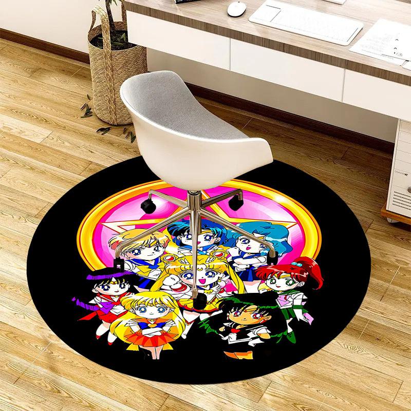 1pc Sailor Moon Characters Group Round Carpet, Made of Polyester,Perfect for Decorating Office Chairs, Living Rooms, A Vibrant Decorative Rug