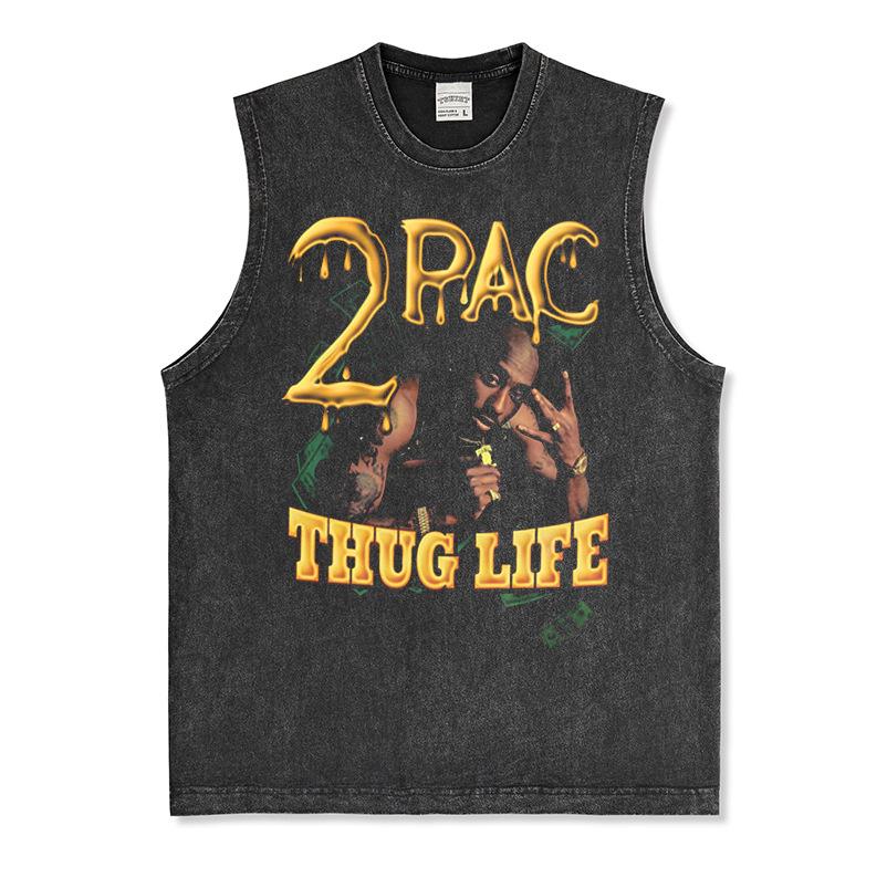 Canotta Senza Maniche Tupac Grafica Retro High Street Cotone Pesante