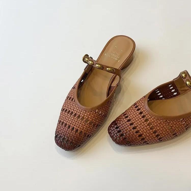 Sheepskin version~ Lazy design feeling hollow and breathable Roman style bag head half slippers women's summer wear French sandals