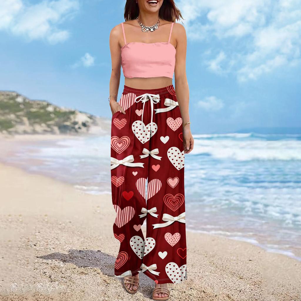 Damen Sommer Boho Palazzo Hose Hohe Taille Weites Bein Druck Freizeithose Mit Taschen