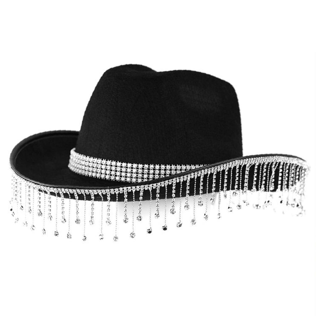 Rhinestone Tassels Cowboy Hat for Women Teens Breathable Wide Brim Beach Hat Music Festival Hat Bachelorette Party Cap
