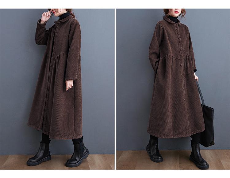 In Stock: Women's Korean Style Plus Velvet Corduroy Trench Coat - Thickened, Long Sleeve, Single-Breasted, 2025 Winter Edition.