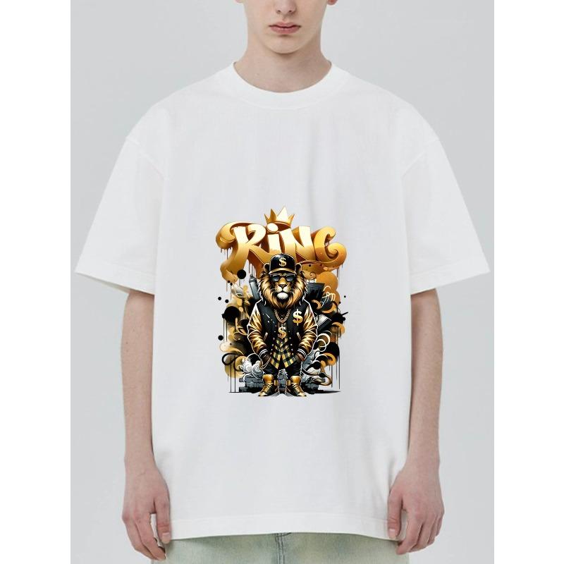 Black T Shirt with King Lion and Gold Crown Print for Casual Wear