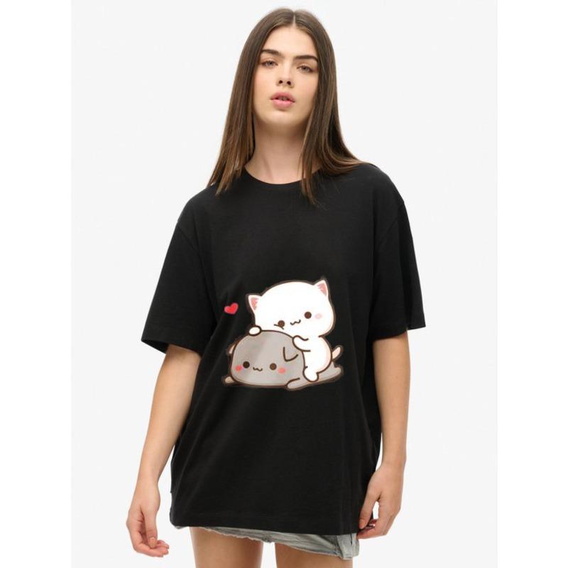 Women's Short-Sleeve T-Shirt with Cute Cartoon Cat & Gray Pet Heart Print