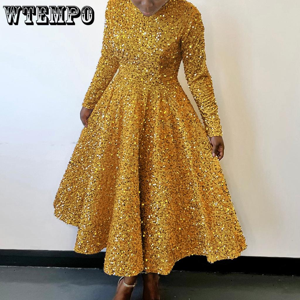 Sukienki damskie z okrągłym dekoltem, długim rękawem, jednolitym kolorem, cekinami, wysokim stanem, o średniej długości