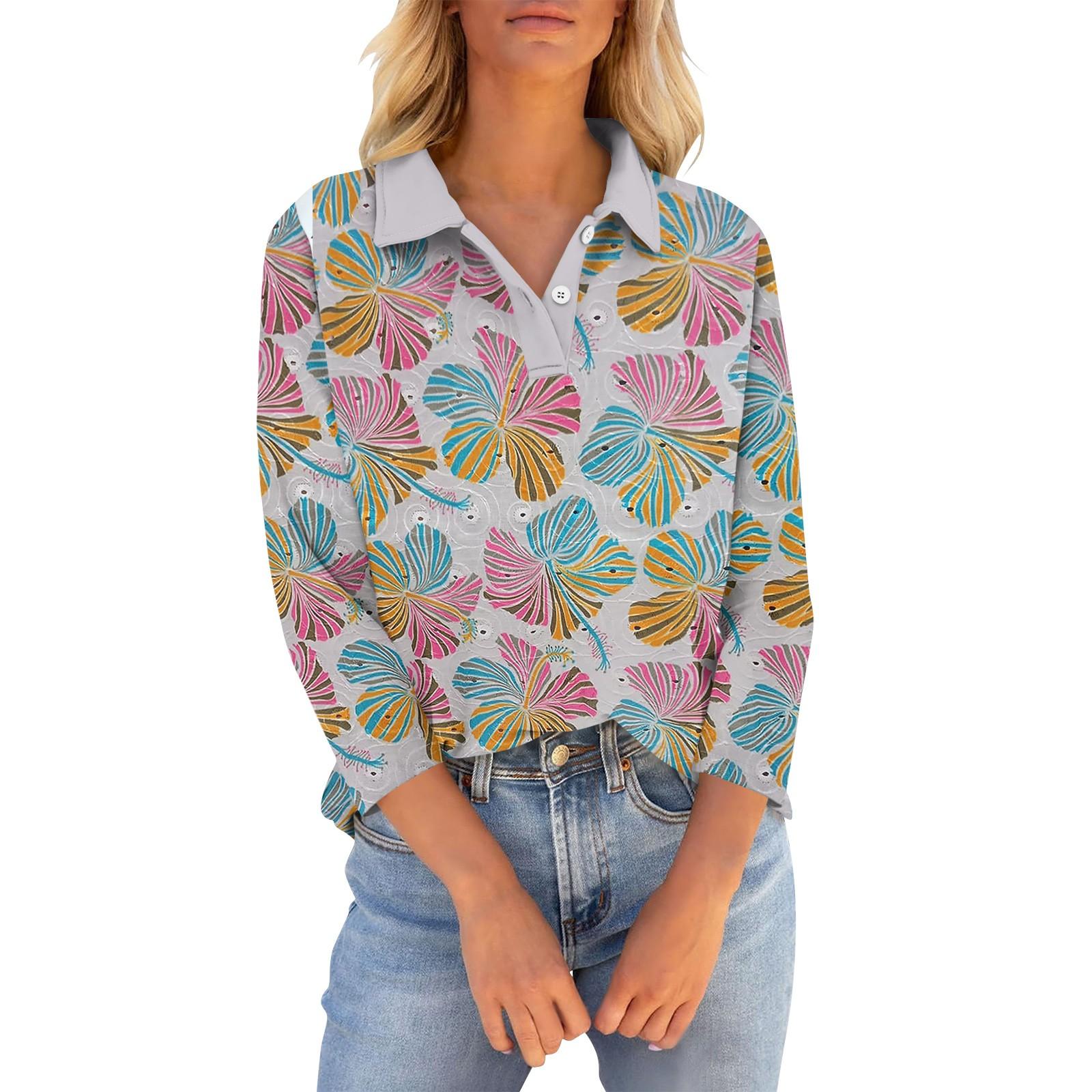 

Женские футболки с рукавом 3/4, летние рубашки на пуговицах с v-образным вырезом, повседневные свободные топы с воротником и принтом XL розового золота