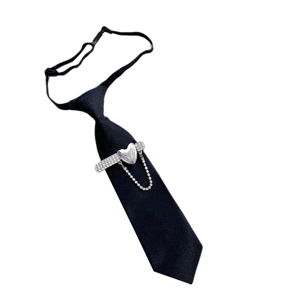 Pre Tied Tie With Metal Heart Rhinestone Design Classic Black Necktie For Business Casual Wear Easy Adjustable Alloy Buckle