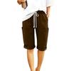 Women's Fashionable Color Elastic Waist Pocket Casual Loose Cotton And Linen Rolled Edge Five Quarter Shorts