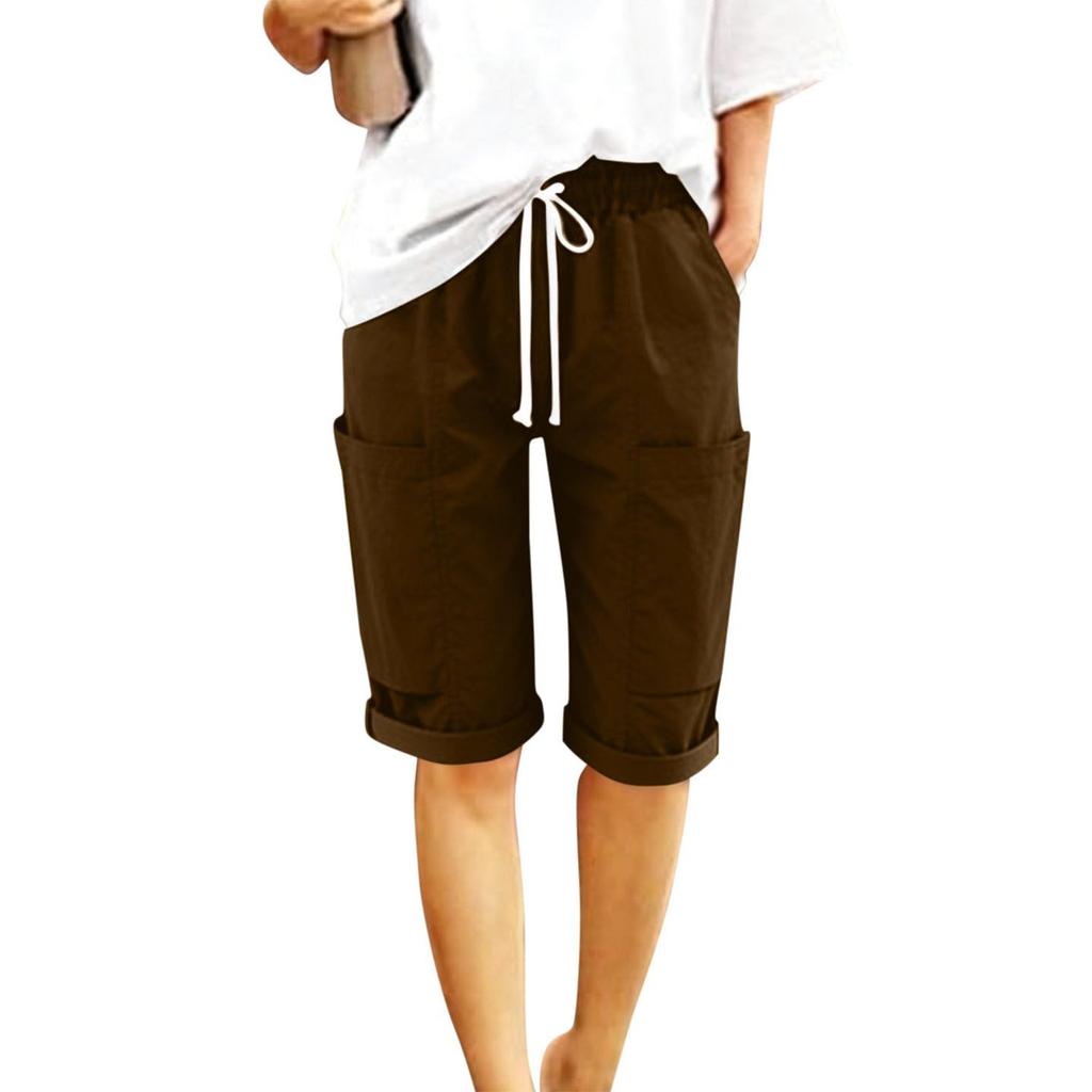 Women's Fashionable Color Elastic Waist Pocket Casual Loose Cotton And Linen Rolled Edge Five Quarter Shorts