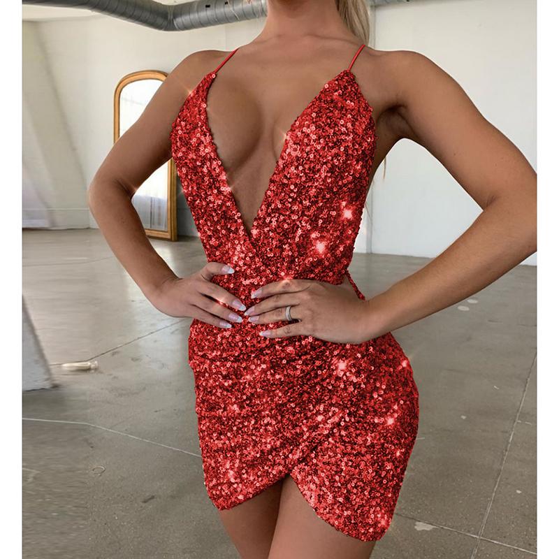Women's Spaghetti Strap Deep V Neck Sequins Glitter Short Dress Sparkly Bodycon Evening Party Club Wear Dress
