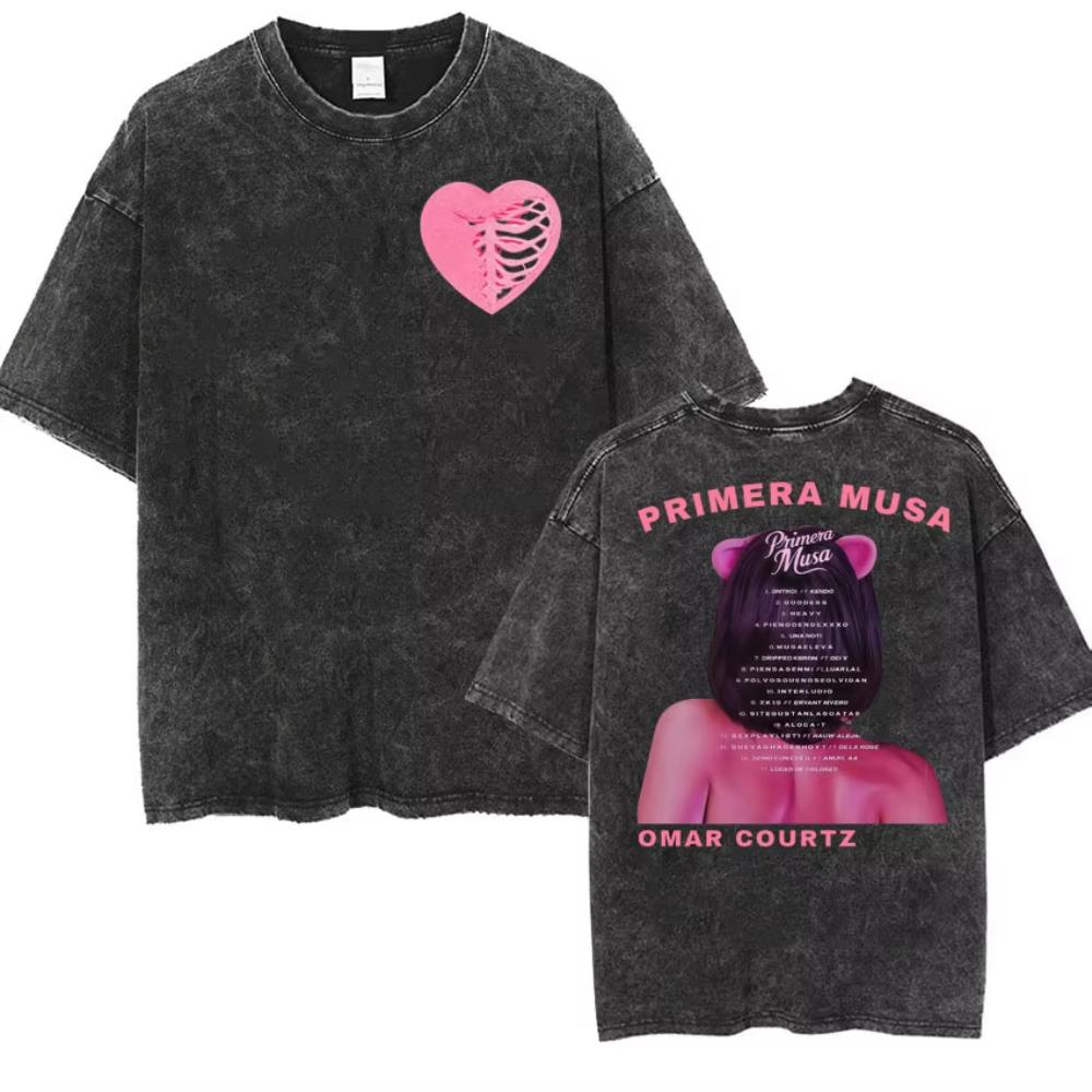 

Rapper Omar Courtz Primera Musa World Tour T Shirts Men Women Fashion Gothic Hip Hop T-shirt Vintage Washed Short Sleeve T-shirt 2XL
