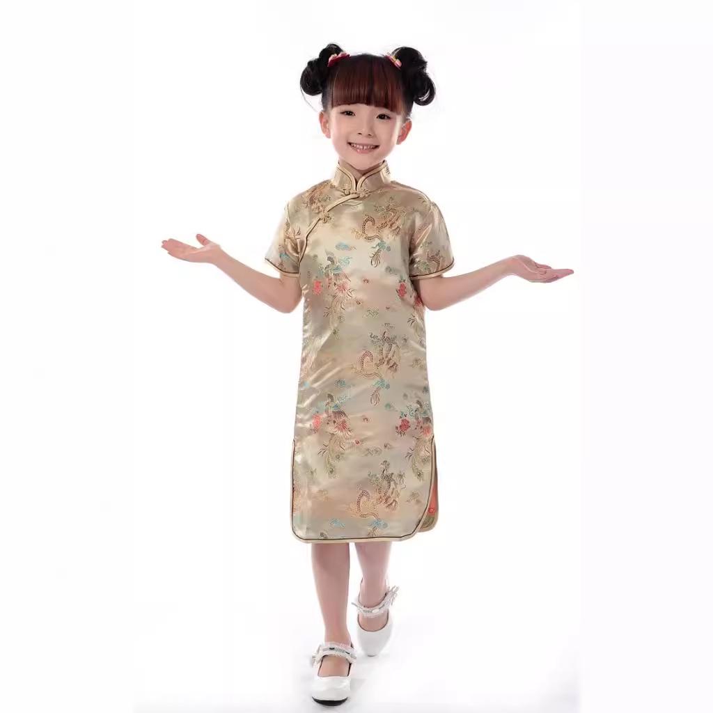 Girls' Ethnic Summer Dragon & Phoenix Tang Suit Qipao Performance Dress - Red