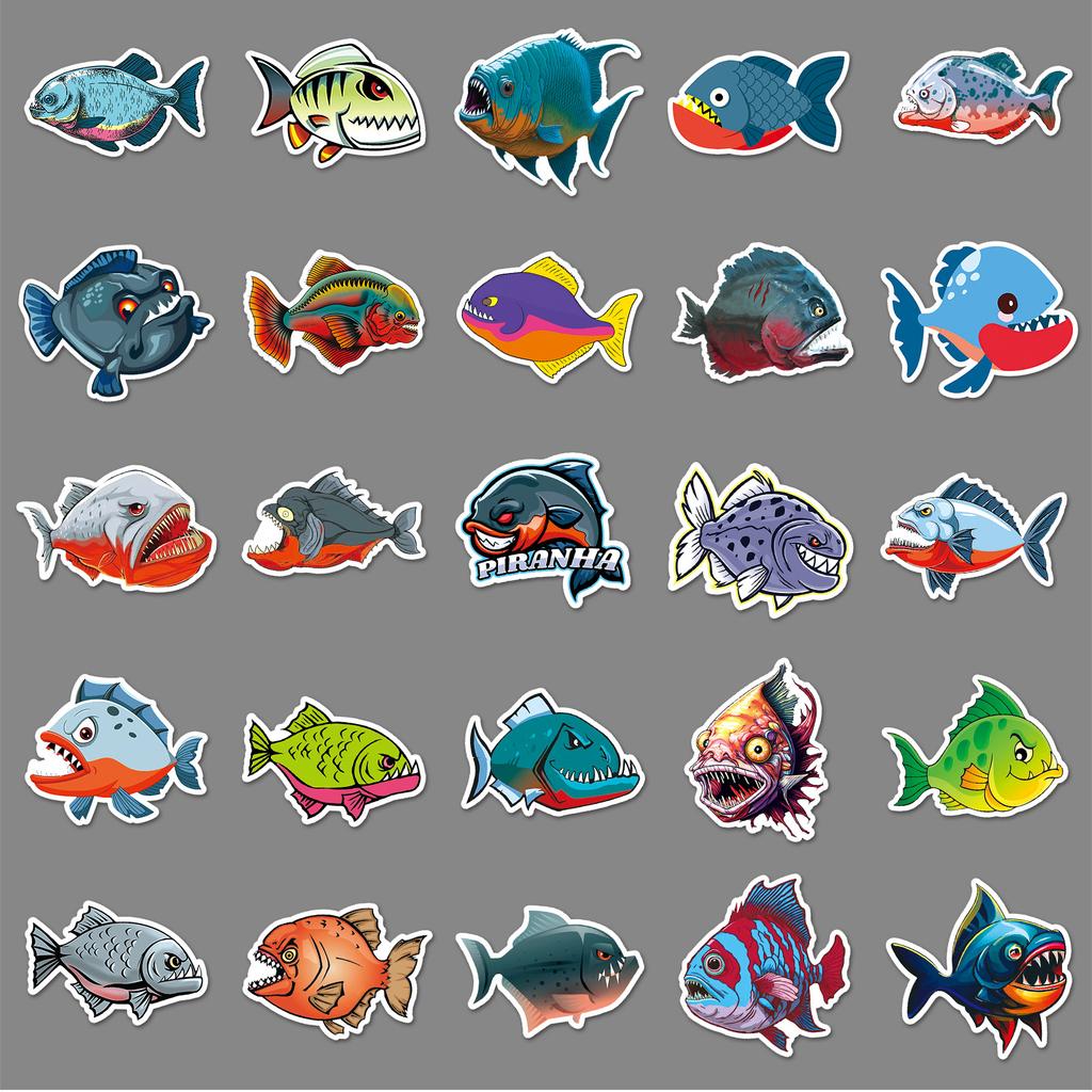 50 Piranha Personality Graffiti Ferocious Animal Decorative Water Cup Luggage Skateboard Guitar Stickers