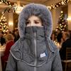 Adjustable Outdoor Riding Headgear Women Winter Balaclava Hat, Quilted Face Mask Hood Zipper Closure, Fuzzy Trim, Windproof Ski Cap with Fleece Lined,