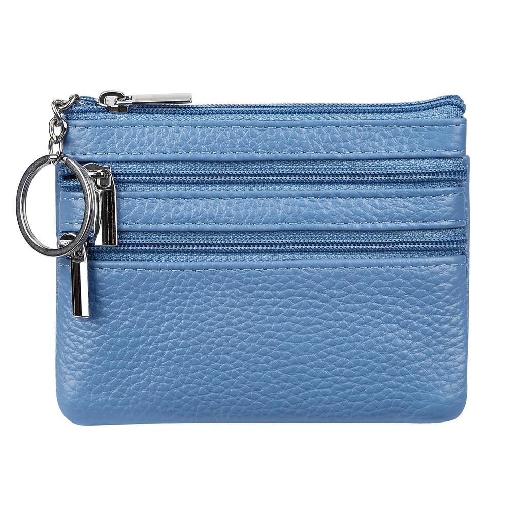 Women's Genuine Leather Coin Purse Mini Pouch Change Wallet with Keychain NEW Three Zipper Fashion Multicolor