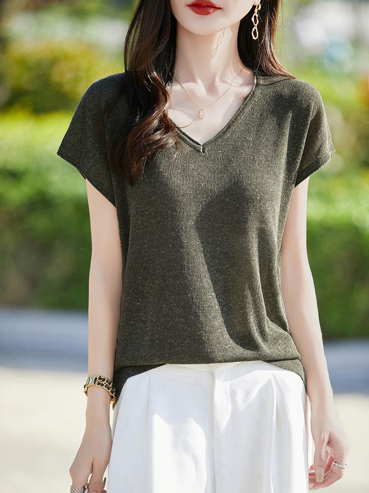 Women's V-Neck Lyocell Linen Knit T-Shirt - Spring/Summer 2026