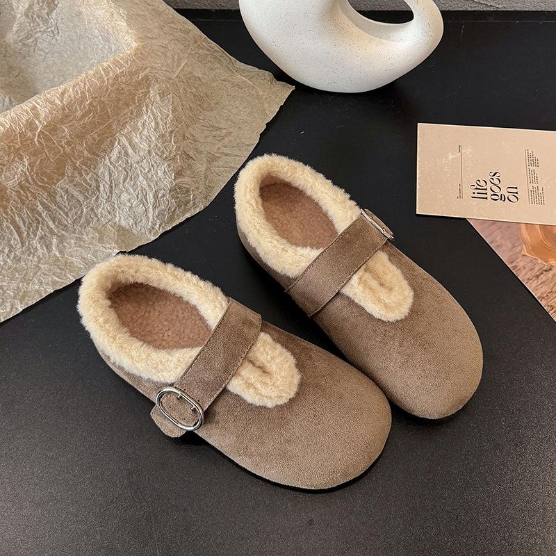 

2025 autumn and winter new retro casual Mary Jane velvet belt buckle Doudou flat cotton scoop evening shoes 40 хаки
