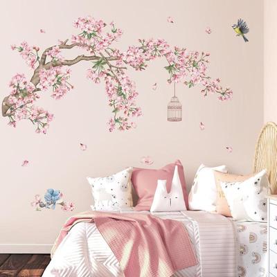 1 Stück Kirschblütenbaum Zweig Wandaufkleber Rosa Blüte Vögel Wandsticker Schlafzimmer Wohnzimmer Sofa TV Hintergrund Wanddekor
