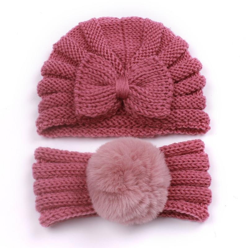 New children's winter warm headscarf hat set, baby bow pullover hat, baby headband