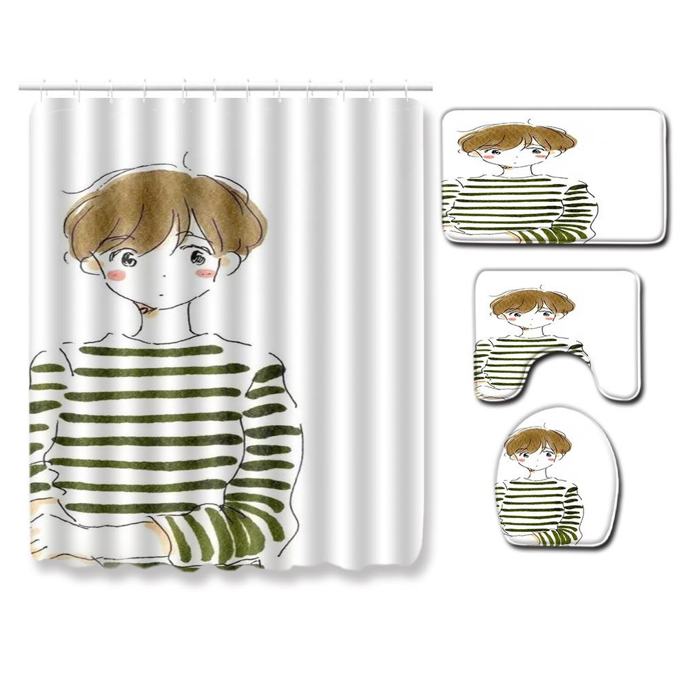 Gestreifte Quadratische Badezimmer Duschvorhang Bodenmatte WC-Deckel Fußmatte Vierteiliges Set