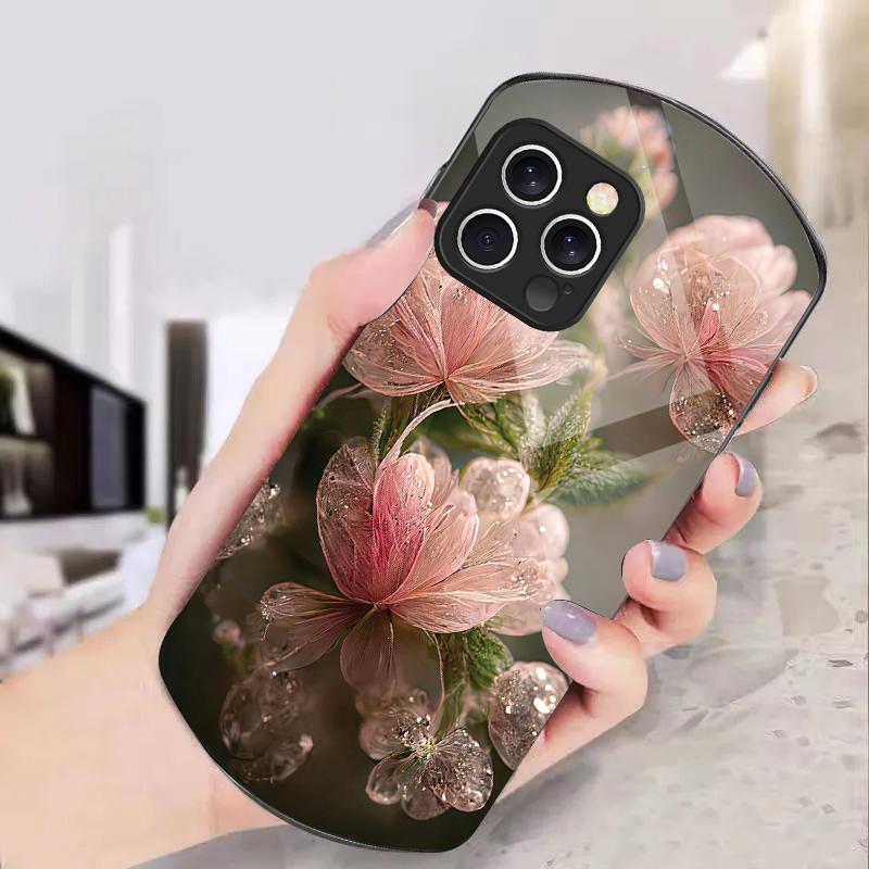 Pink Crystal Flower For iPhone 16 15 14 13 Plus 12 Mini 11 Pro Max XR Xs X 7 8 6 6S 2022 Elliptical Tempered Glass Phone Case