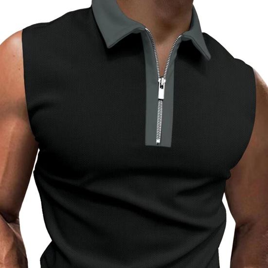 Men Summer Shirt Turn-down Collar Zipper Sleeveless Solid Color Patch Pocket Breathable Pullover Slim Fit Mid Length Casual Daily Top