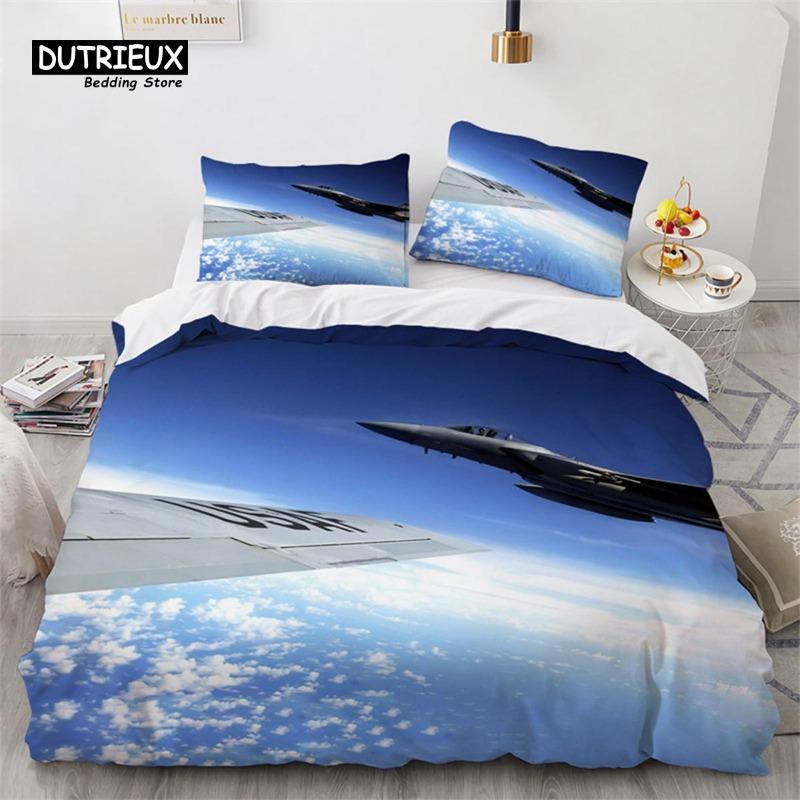 Boys Airplane Duvet Cover King Queen Polyester Aviation Aircraft Runway Bedding Set Sky Scenery Bedspread Cover with Pillowcase Gift