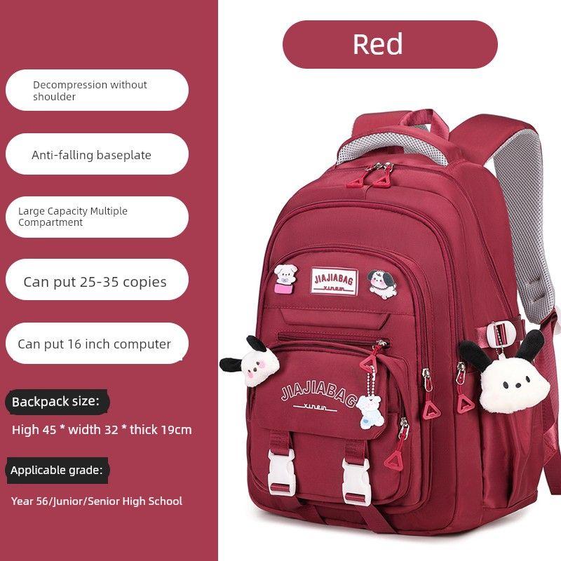 

Schoolbag Girls Primary School Students Large Capacity Junior High School Students Girls Multi-Compartment Lightweight Grade 3 to 456 Backpack Rose Red