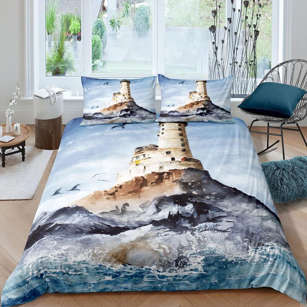 Nautical Anchor Duvet Cover Set Vintage Sail Boat Lighthouse Bedding Set Conch Starfish Seashell Ocean Wave Comforter Cover King