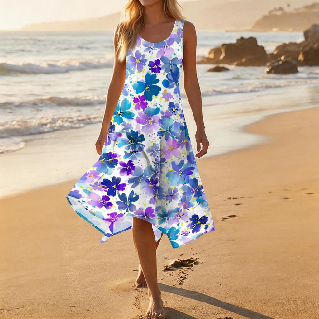 Sleeveless Floral Print Midi Dress for Women Lightweight A Line Summer Sundress Casual Scoop Neck Flowy Hem