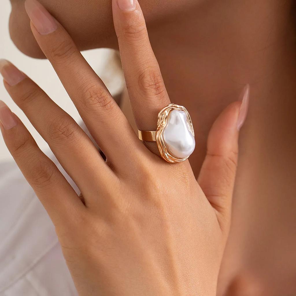 LATS Gold Color Flower Crystal Baroque Pearl Open Ring for Women Fashion Rings Set Engagement Party Gift Temperament Jewelry