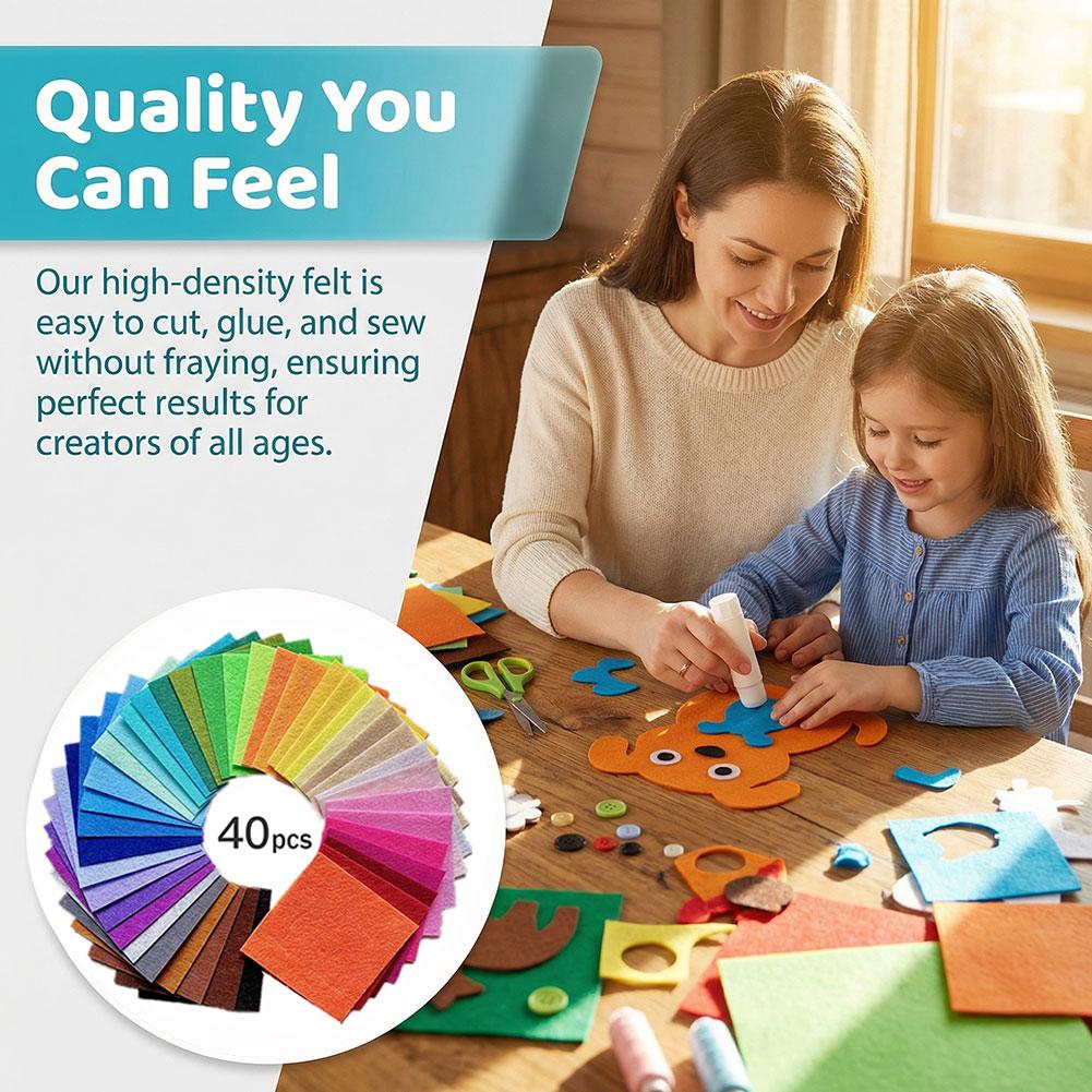 40pcs 1mm Mixed Color Non-Woven Felt Square Children's Cutting Art DIY Handmade Cloth For Tailoring Decorative Craft