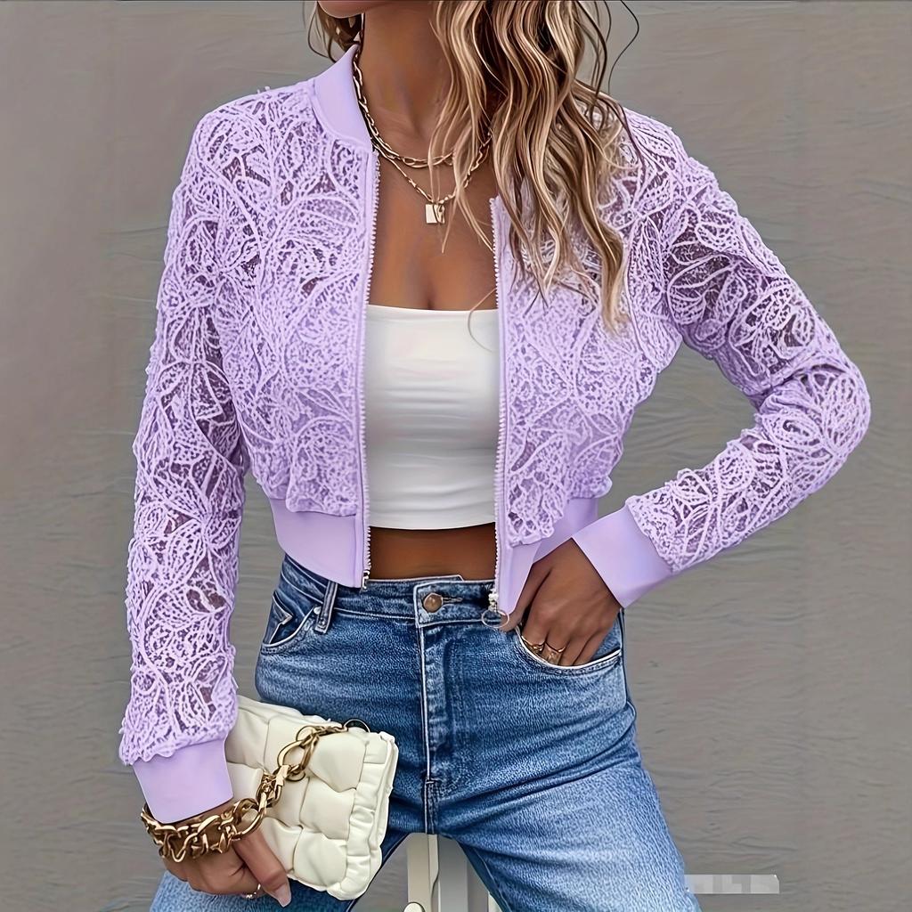Spring Elegant Women's Lace Bend, Zipper Short Jacket Top Coat