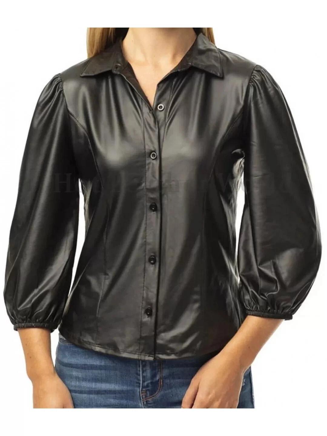 

Shirt Women Handmade Lambskin Designer Black Soft Stylish Genuine Leather Casual 3XL чёрный