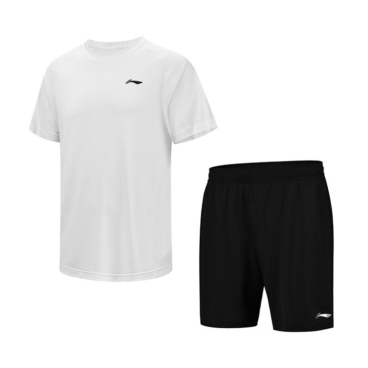 Li-Ning Breathable Cool Round Neck Top And Mid Waist Solid Color Comfortable Shorts Casual Sports Set Unisex Sets White AATV059-3
