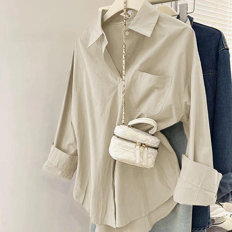 

Spring Autumn Polo-neck Solid Color Casual Fashion Cardigan Shirt Women Long Sleeve Simple All-match Blouse Top S бежевый