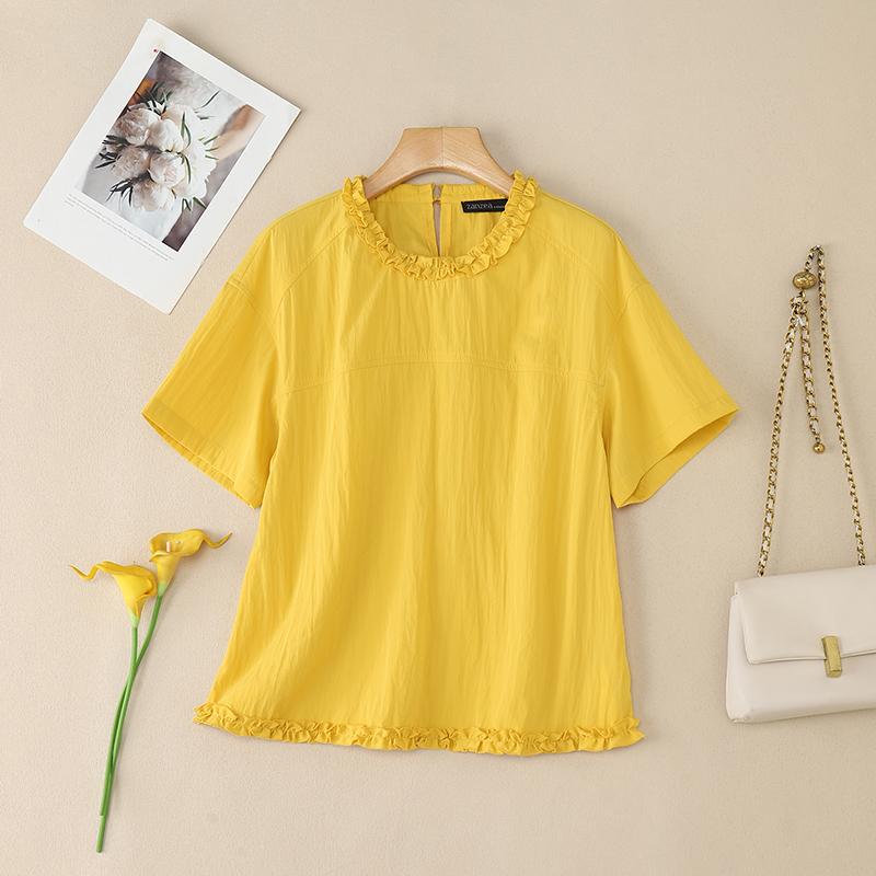 

ZANZEA Женская повседневная блузка с круглым вырезом, однотонная, летняя, с коротким рукавом M жёлтый
