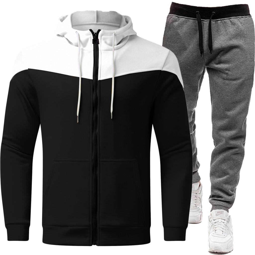 Cross Border Contrasting Sweatshirt Jacket+zipper Cardigan Hooded Men's Suit Casual Fashion Men's Long Sleeved Sports