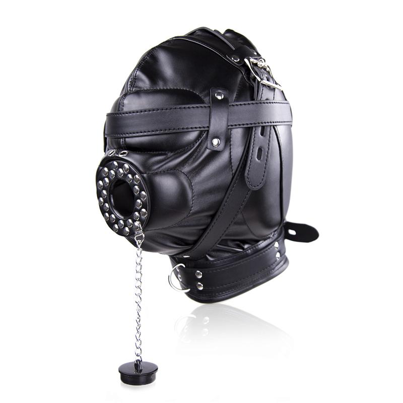PU Leather Mask Hood Oral Gag Headgear with Funnel Detachable Cover Bondage Gimp Sexy Costume Sex Toys for Men Women