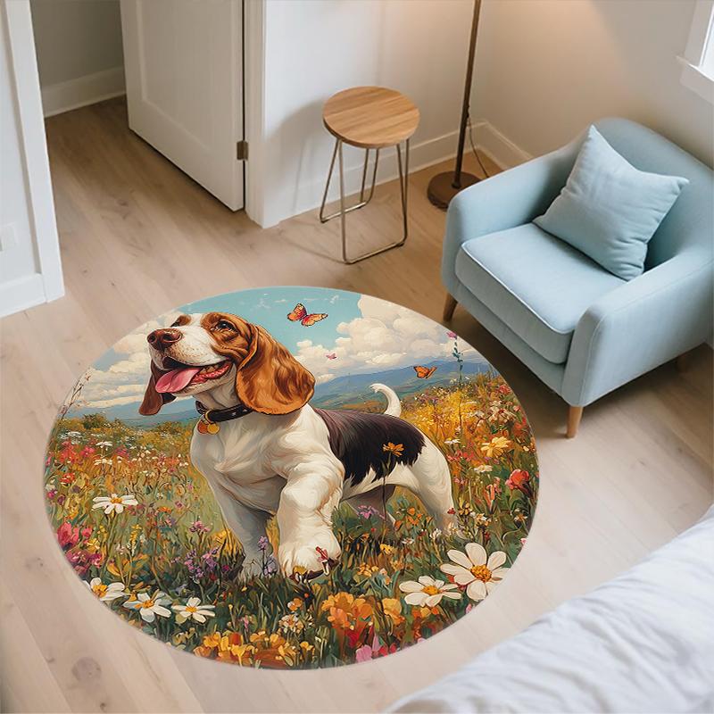 Basset Hound and grass pattern round rug,Carpet Rug for Living Room Bedroom  Playroom ,Non-slip Floor Mat,Holiday Gifts and Birthday Gifts.