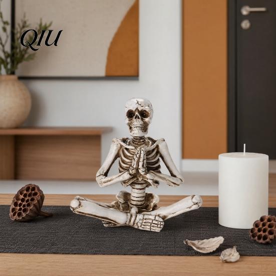 Resin One-piece Molding Skull Halloween Yoga Skeleton Statue, Funny Dead Figure for Party Decor, High Detail Decoration Gothic Ornament Haunted House,