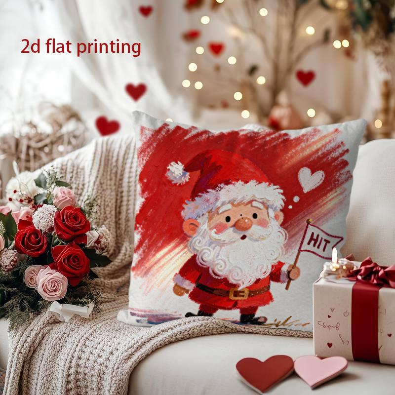 

Cute Santa with Flag - Heart-Themed Christmas Pillow Pattern Cushion Cover Suitable for Sofa Bedroom Car Pillow Cover 16x16Inch